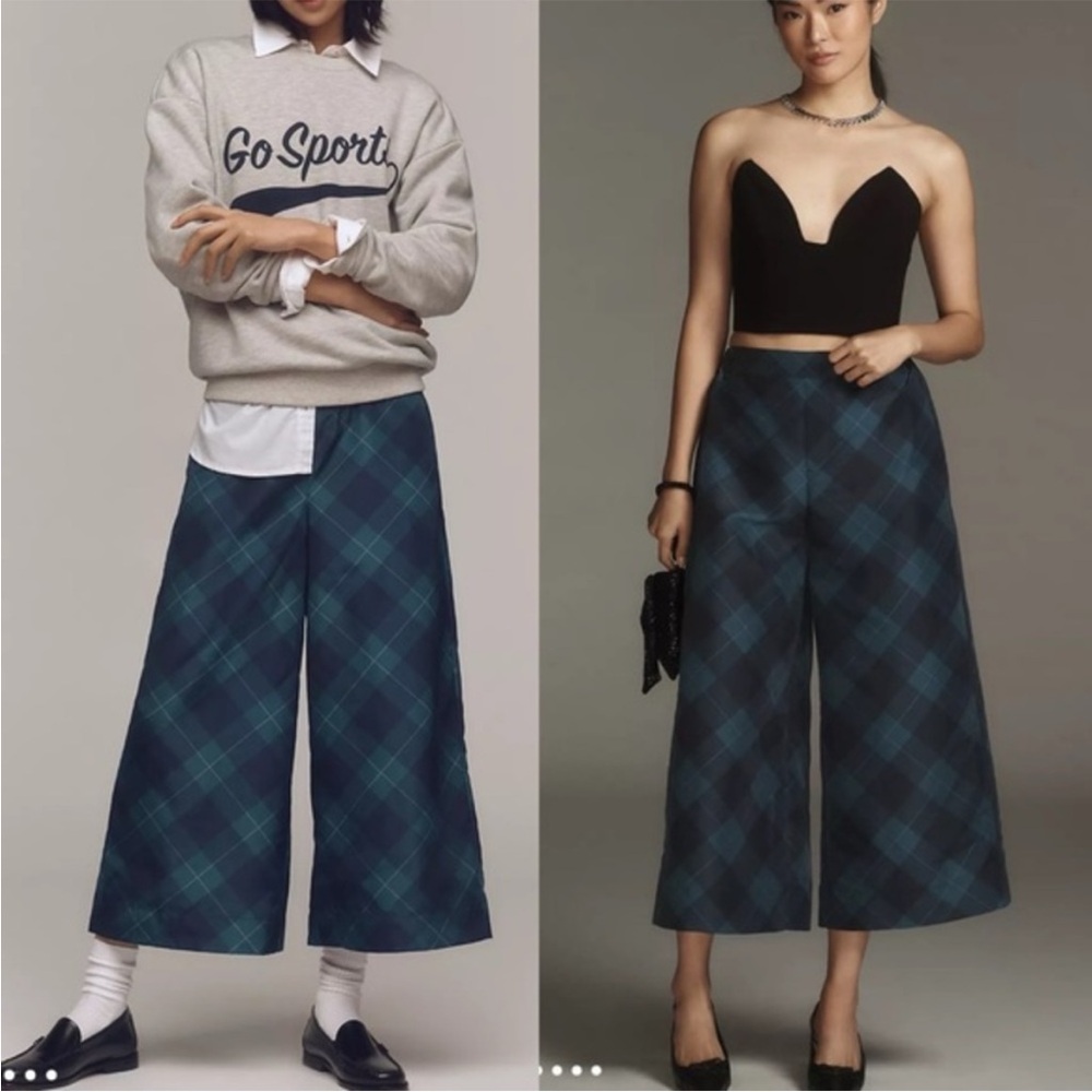 NWT Anthropologie Maeve Taffeta Printed Cropped Wide-Leg Pants Blue Plaid Motif